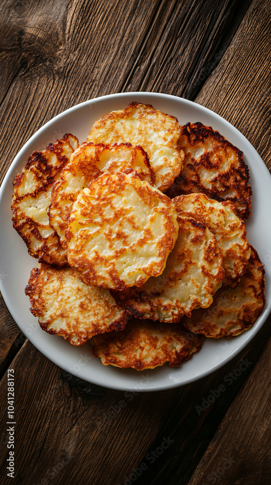 Potato pancakes lying on white plate on rustic wooden table are waiting to be eaten Potato pancakes lying on white plate on rustic wooden table are waiting to be eaten