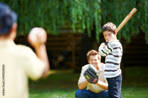 Photography Park, father and children with baseball for playing, practice and skills development with sports