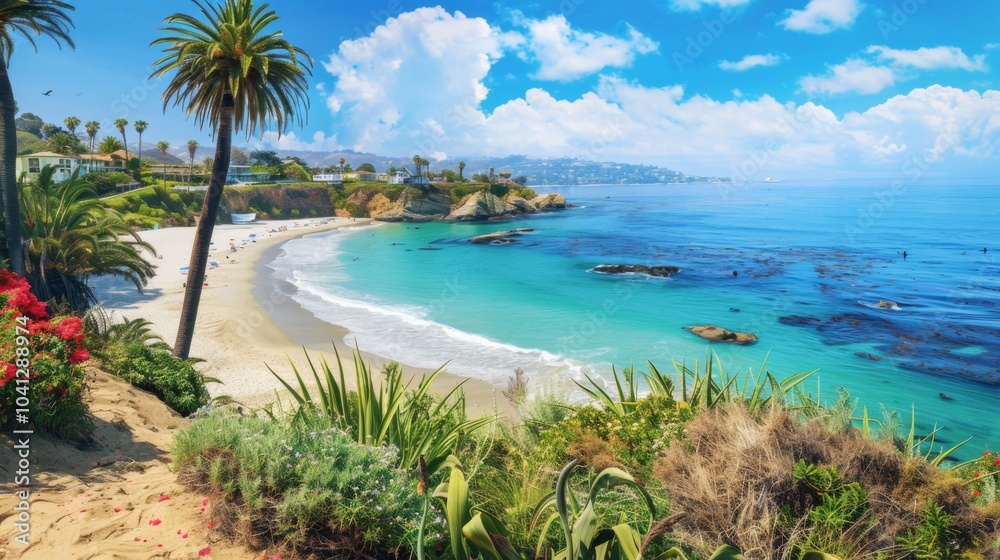 A breathtaking beach view with clear turquoise water, palm trees, and a bright blue sky. This serene scene evokes a sense of calm and beauty. A breathtaking beach view with clear turquoise water, palm trees, and a bright blue sky. This serene scene evokes a sense of calm and beauty.