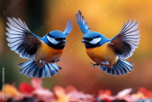 A pair of charming blue tits with striking blue, orange, and white plumage engage in a synchronized aerial dance against a blurred backdrop of warm autumn tones. photo