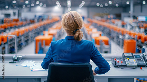 businesswoman in blue suit oversees operations in large, modern warehouse, focusing on strategic decisions. environment is organized and efficient