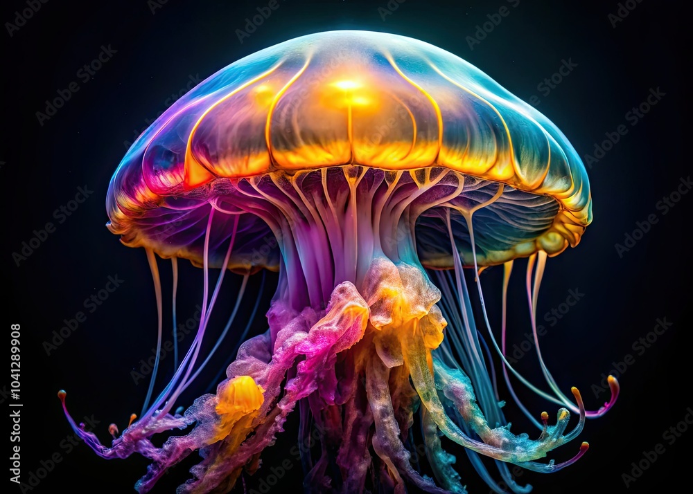 Fototapeta premium Gorgeous jellyfish captured in stunning detail on a striking black background, creating a captivating visual experience perfect for showcasing innovative product photography.