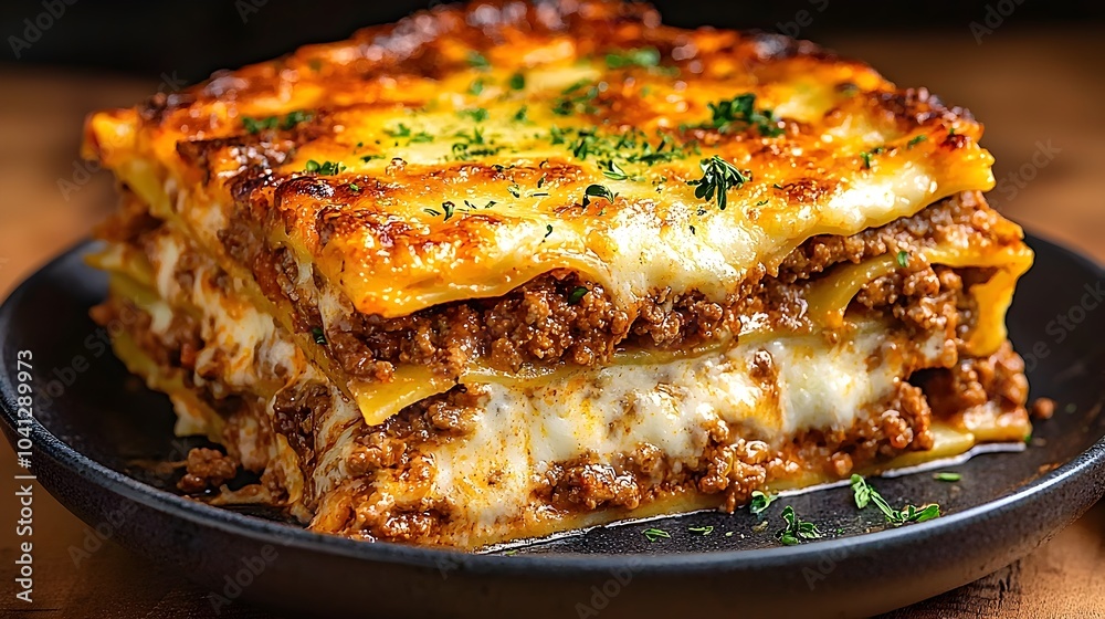 Closeup of a cross section of a perfectly layered lasagna featuring bubbling melted cheese and a rich savory meat sauce perfectly nestled between tender pasta sheets Closeup of a cross section of a perfectly layered lasagna featuring bubbling melted cheese and a rich savory meat sauce perfectly nestled between tender pasta sheets