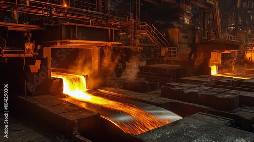 Molten Metal Flowing in a Massive Foundry: A Glowing River of Liquid Steel