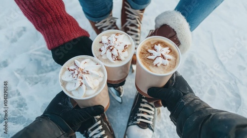 Friends Enjoying Hot Chocolate by Outdoor Rink