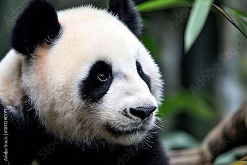 giant pandas gentle face a close up of a pandas face with a bamb photo