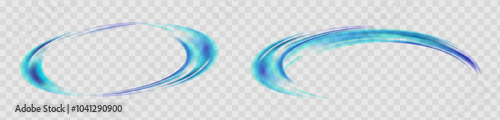 Dynamic blue lines of light with glow effect on transparent background. Rotating light half rings. Abstract blue lines of movement and speed. Vector
