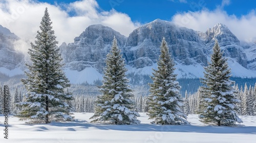 Snow-Covered Evergreen Trees in Winter Landscape