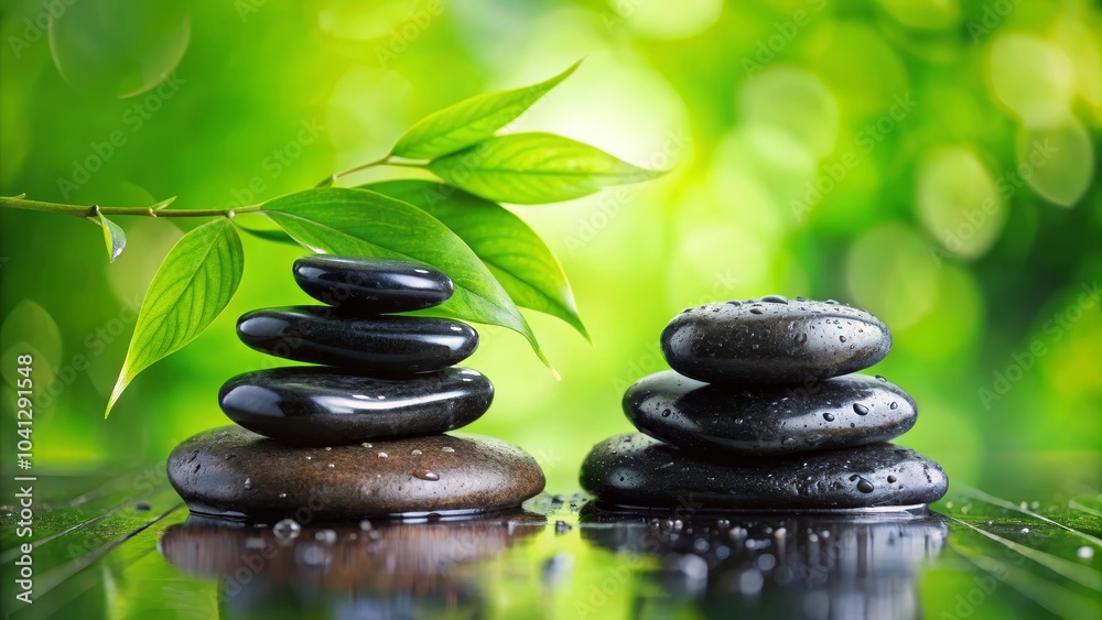 Balanced Stack of Wet Black Stones with Fresh Green Leaves, Symbolizing Harmony, Wellness, Tranquility, and Nature's Beauty for Relaxation and Meditation Purposes Balanced Stack of Wet Black Stones with Fresh Green Leaves, Symbolizing Harmony, Wellness, Tranquility, and Nature's Beauty for Relaxation and Meditation Purposes