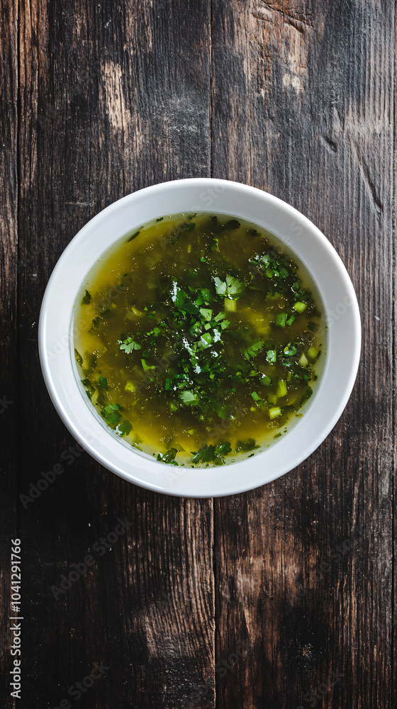 Fresh parsley garnish on green soup, presented in a white bowl on a vintage wooden table Fresh parsley garnish on green soup, presented in a white bowl on a vintage wooden table