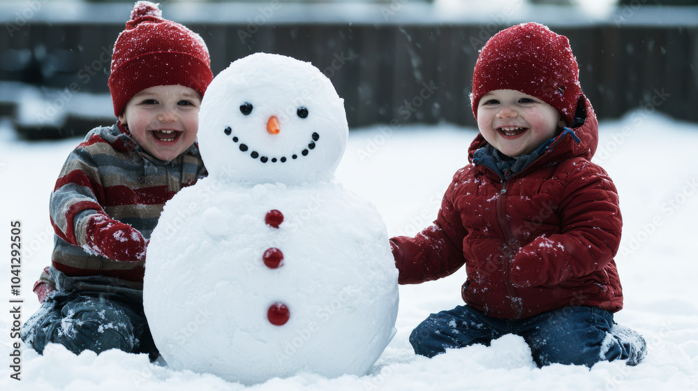 Two joyful children wearing winter hats sit beside a smiling snowman in a snowy landscape. Two joyful children wearing winter hats sit beside a smiling snowman in a snowy landscape.