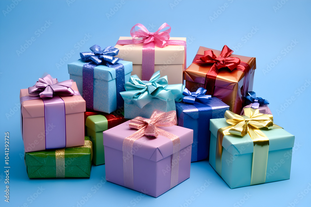 Fototapeta premium A lot of presents are prepared on the green background, wrapped and tied with bows, ready to give joy to the children.