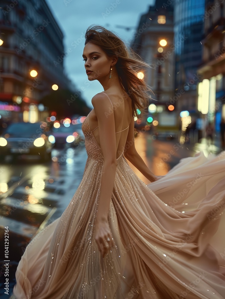 Naklejka premium A model wearing a long dress fashion running on the city street, at night.