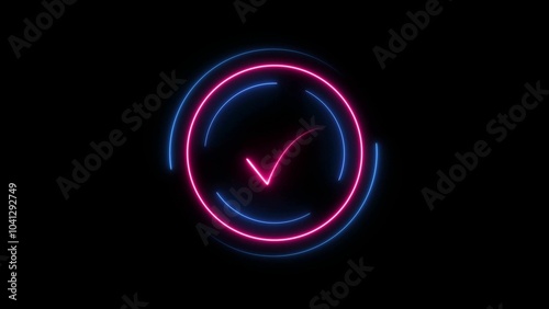 Neon glowing check mark sign on a black background. danger warning attention sign with exclamation. neon warning sign icon.