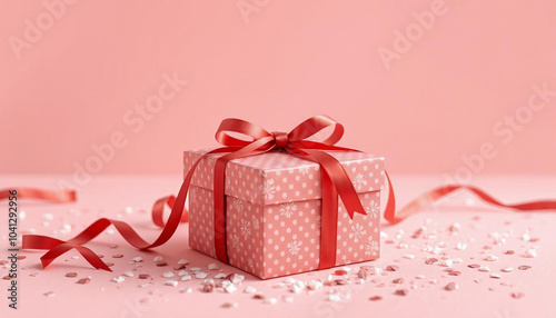 Pink gift box with pink bow, isolated object, festive decoration for Christmas or birthday celebration.