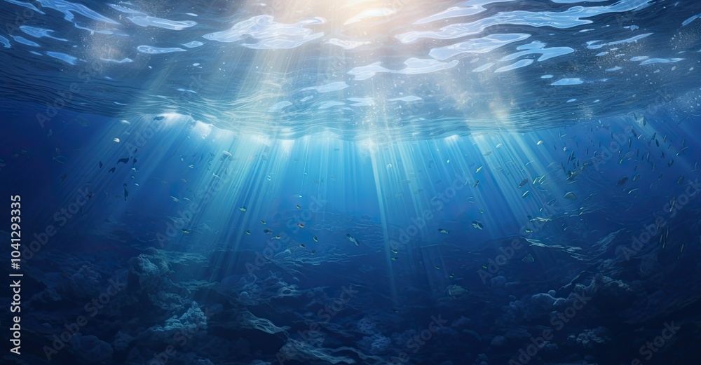 Obraz premium Sunlight beams through clear water, revealing fish and coral.