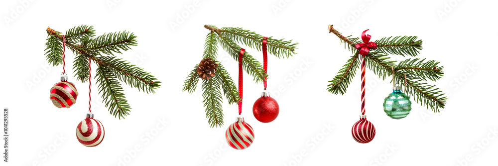 christmas pine tree branches with balls decoration on white background christmas pine tree branches with balls decoration on white background