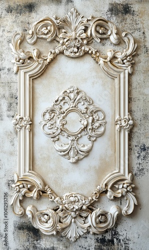 Ornate white frame with floral motifs on a textured wall.