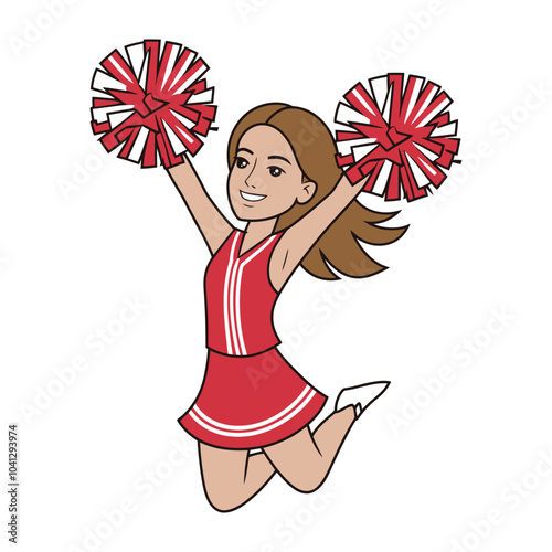 Cheerleader Jumping with Pom-Poms Cartoon Illustration