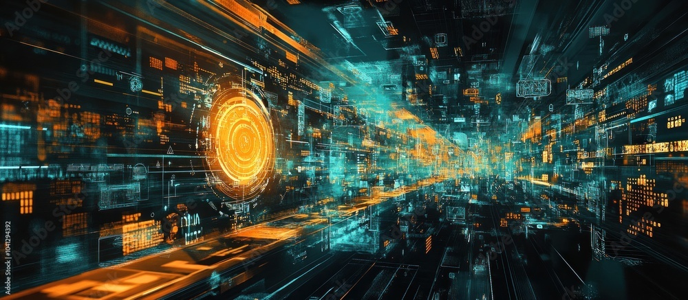 Futuristic abstract background with glowing orange and blue digital lines and data. Futuristic abstract background with glowing orange and blue digital lines and data.