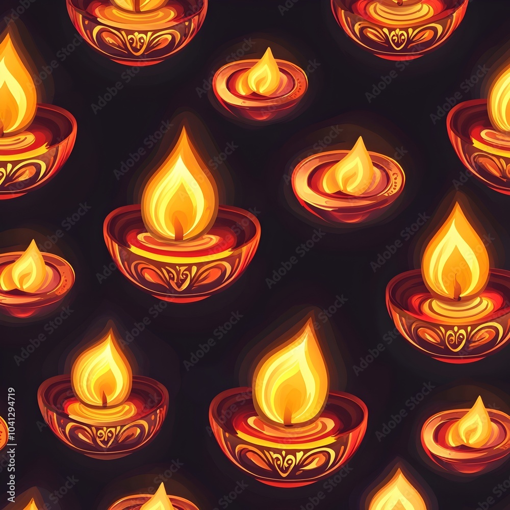 Mesmerizing Pattern of Traditional Indian Diya Lanterns with Glowing Flames for Festive Backgrounds Mesmerizing Pattern of Traditional Indian Diya Lanterns with Glowing Flames for Festive Backgrounds