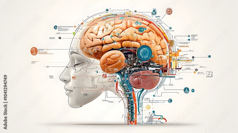 Detailed Anatomical Cross section Diagram of the Human Brain Featuring ...