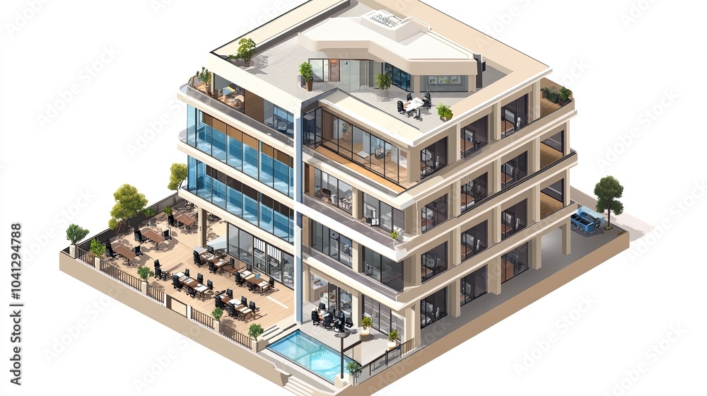 A corporate isometric business building, showing each floor with conference rooms, offices, and a reception area A corporate isometric business building, showing each floor with conference rooms, offices, and a reception area