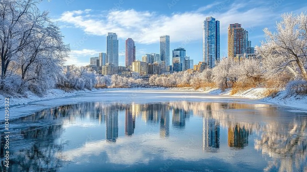 Obraz premium Skyline Reflected in Frozen Lake with Cityscape