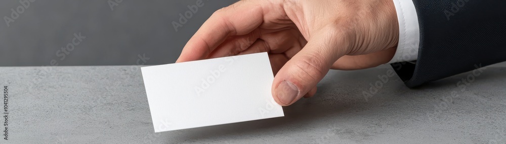 A hand presenting a blank business card on a gray surface, ideal for customizable templates or branding. A hand presenting a blank business card on a gray surface, ideal for customizable templates or branding.