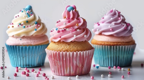 Three cupcakes on white background.