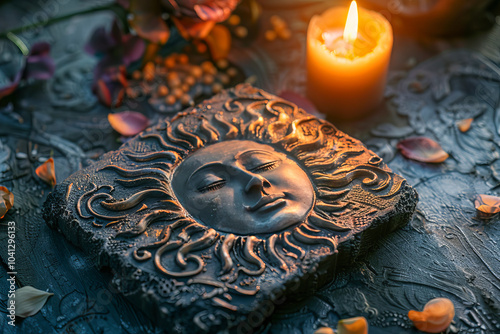 Sun god face amulet illuminated by candlelight on winter solstice