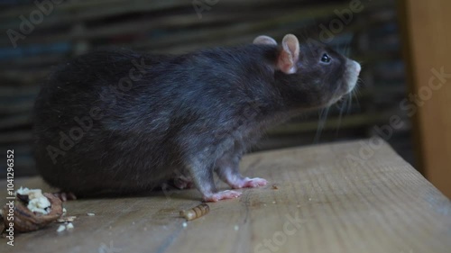 A black rat lies on a wooden surface, its fine facial features and whiskers shown in detail. The animal's food is on the table nearby. Great for wildlife or documentary content.