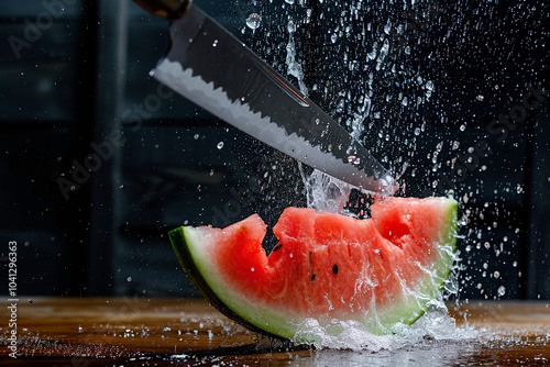 watermelon slices with knife and water drops and splashes on dark blue background photo