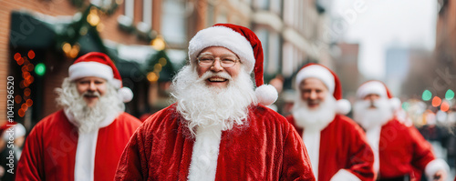 Joyful Santas in festive attire gather in charming town square photo