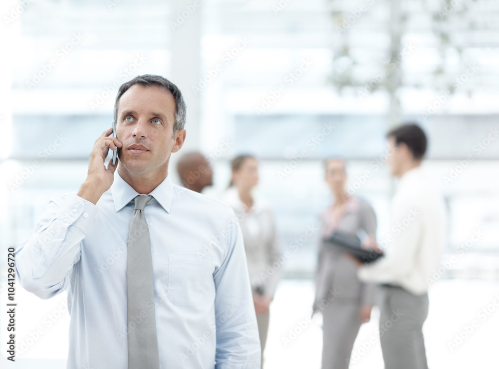 Businessman, phone call and talking in lobby of office, manager feedback and speaking to client. Male person, financial advisor and conversation with contact for advice, planning and networking Businessman, phone call and talking in lobby of office, manager feedback and speaking to client. Male person, financial advisor and conversation with contact for advice, planning and networking