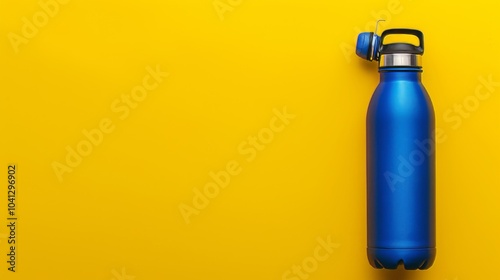 "Cool Contrast: Blue Water Bottle Stands Out Against a Warm Yellow Background"