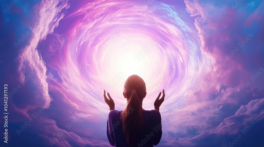 A woman stands with arms raised, facing a bright, swirling light in the clouds. A woman stands with arms raised, facing a bright, swirling light in the clouds.