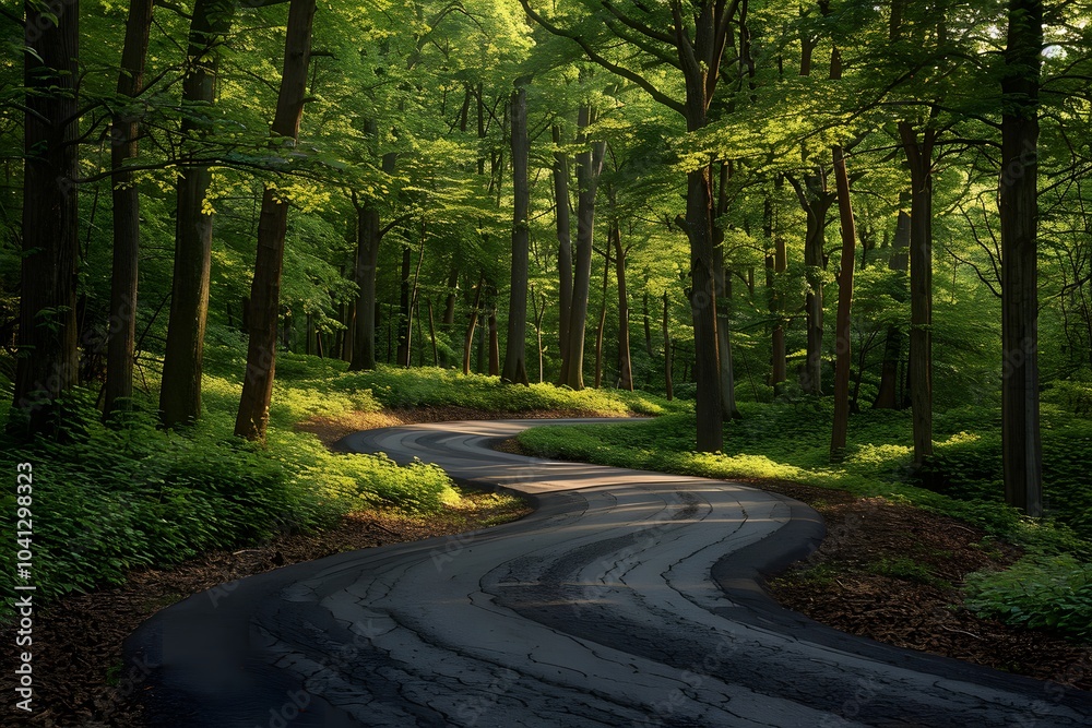 Obraz premium Serene Forest Path Curved Roadway in Sunlit Green Dense Woods