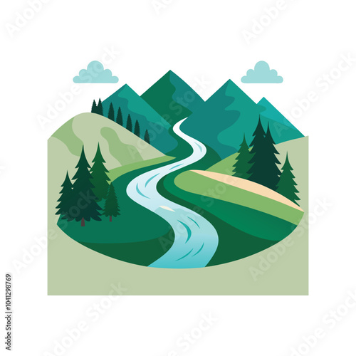 Beautiful mountain river vector illustration featuring lush green hills, tall pine trees, and  waters