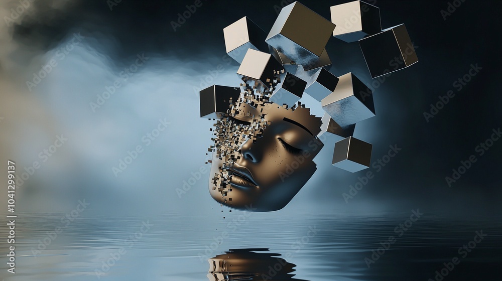 Digital Sculpture of a Disintegrating Human Face in Floating Cubes Digital Sculpture of a Disintegrating Human Face in Floating Cubes