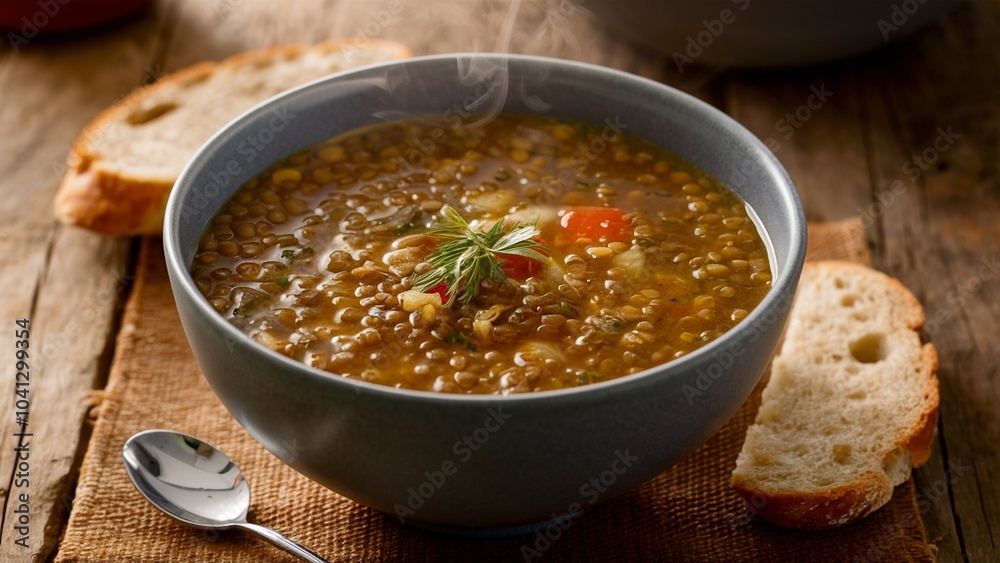 Hearty Lentil Soup with Crusty Bread on Rustic Table