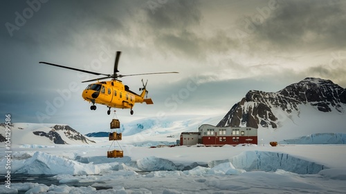 Helicopter Delivering Supplies to Antarctic Research Station