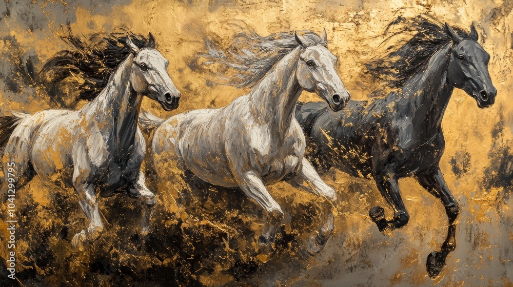Abstract background with golden brushstrokes, oil on canvas, featuring horses. Abstract background with golden brushstrokes, oil on canvas, featuring horses.