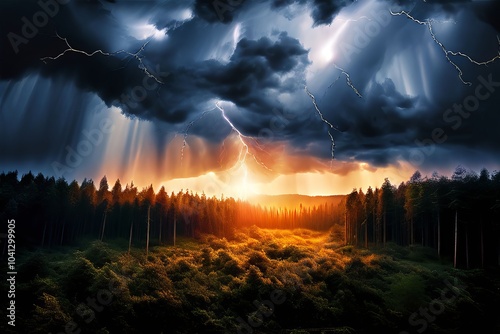 lightning over a vast forest clearing a large clearing in the fo photo