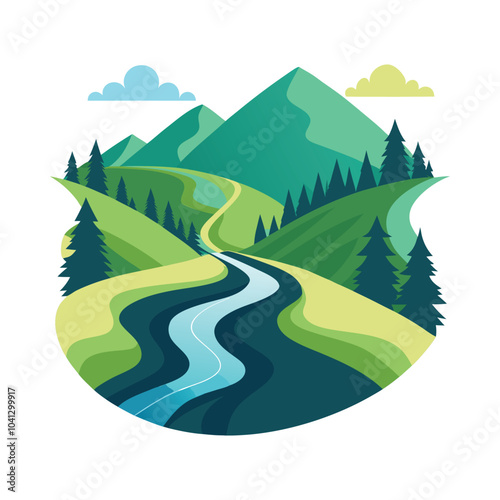 Beautiful mountain river vector illustration featuring lush green hills, tall pine trees, and  waters