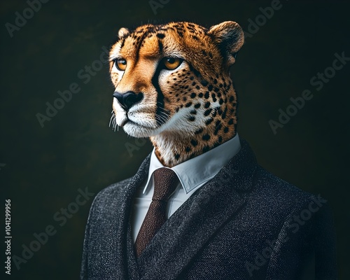 Cheetah Head Businessman in Sleek Suit Symbolizing Speed and Quick Decision Making photo