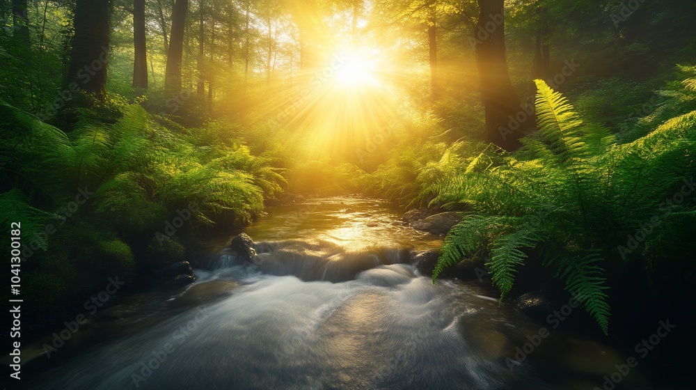 Obraz premium Sunlight streams through trees illuminating a forest stream.