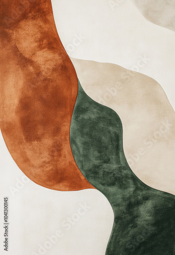 Minimalist abstract artwork featuring curved organic shapes in earthy brown, beige and dark green tones with soft textures