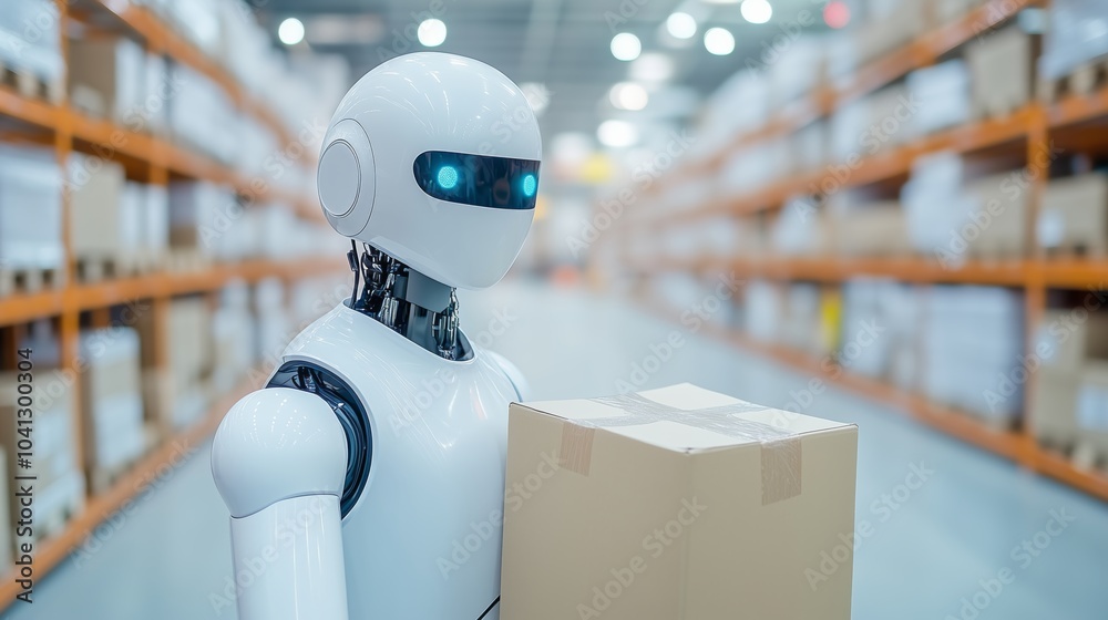 Obraz premium Futuristic Humanoid AI Robot Carrying Cardboard Box Inside Automated Warehouse with Shelves, Representing Smart Logistics and Robotics Workforce