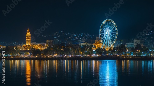 Batumi, Georgia, 09.18.2024: Nighttime view of the Technological University Tower with its ferris wheel. 